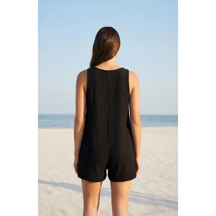 Kadın Siyah Mini Cepli Tulum Plaj Elbisesi – Şık, Rahat ve 4 Mevsim Kullanıma Uygun