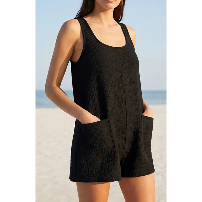 Kadın Siyah Mini Cepli Tulum Plaj Elbisesi – Şık, Rahat ve 4 Mevsim Kullanıma Uygun