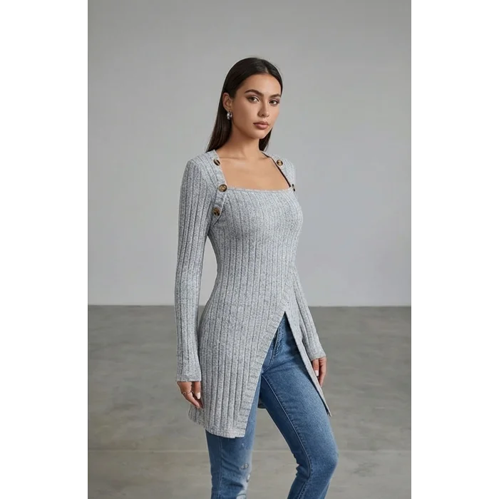 Kadın Gri Düğme Detaylı Kare Yaka Fitilli Asimetrik Etekli Uzun Kollu Bluz