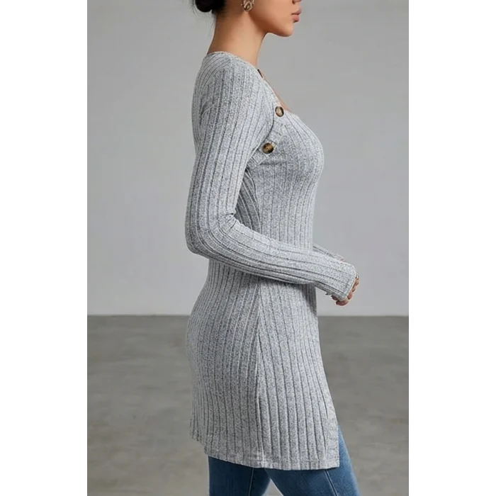 Kadın Gri Düğme Detaylı Kare Yaka Fitilli Asimetrik Etekli Uzun Kollu Bluz