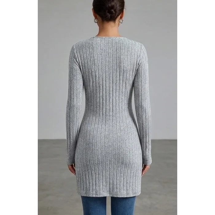 Kadın Gri Düğme Detaylı Kare Yaka Fitilli Asimetrik Etekli Uzun Kollu Bluz