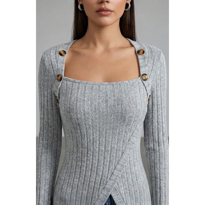 Kadın Gri Düğme Detaylı Kare Yaka Fitilli Asimetrik Etekli Uzun Kollu Bluz