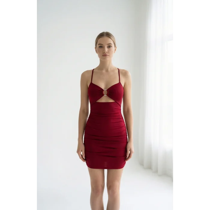 Kadın Bordo Drapeli Dekolteli Taş Halka Detaylı Şık Mini Gecelik