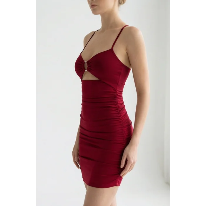 Kadın Bordo Drapeli Dekolteli Taş Halka Detaylı Şık Mini Gecelik