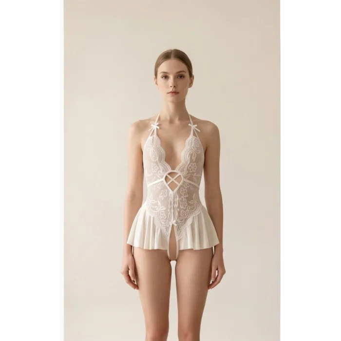 Kadın Beyaz Dantel ve Tül Detaylı Derin V Yaka Teddy Gecelik