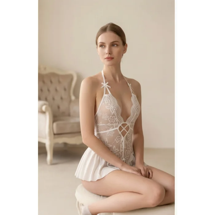 Kadın Beyaz Dantel ve Tül Detaylı Derin V Yaka Teddy Gecelik