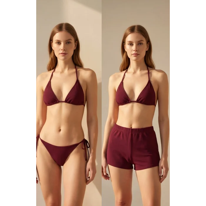 Kadın 3lü Set Bordo Şortlu ve Yandan Bağlamalı Bikini Mayo Takımı