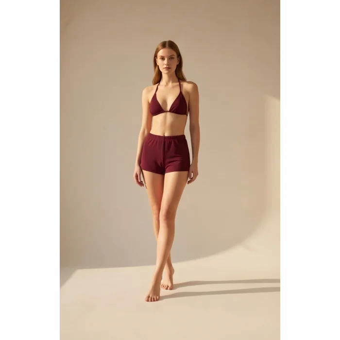 Kadın 3lü Set Bordo Şortlu ve Yandan Bağlamalı Bikini Mayo Takımı