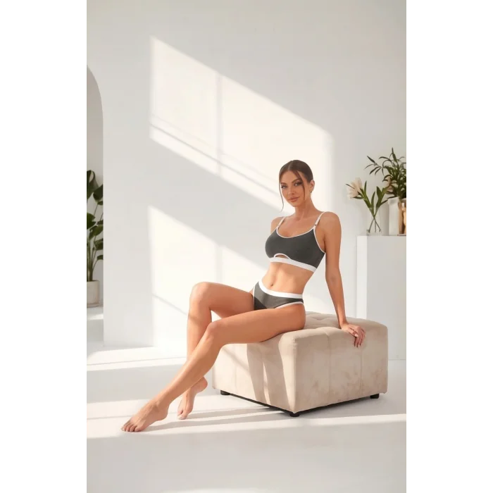 Kadın Gri Antrasit Kaşkorse ve Beyaz Lastikli Cut-Out Tanga Külotlu Takım – Modern, Konforlu