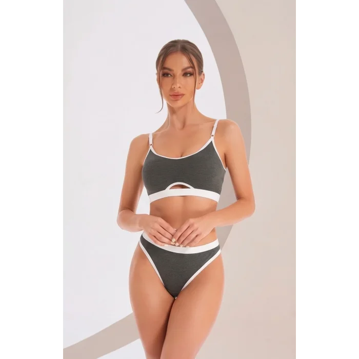 Kadın Gri Antrasit Kaşkorse ve Beyaz Lastikli Cut-Out Tanga Külotlu Takım – Modern, Konforlu
