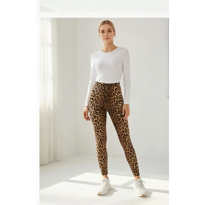 Kadın Leopar Desenli Yüksek Bel Dar Kesim Esnek Tayt – Modern ve Şık Tasarım
