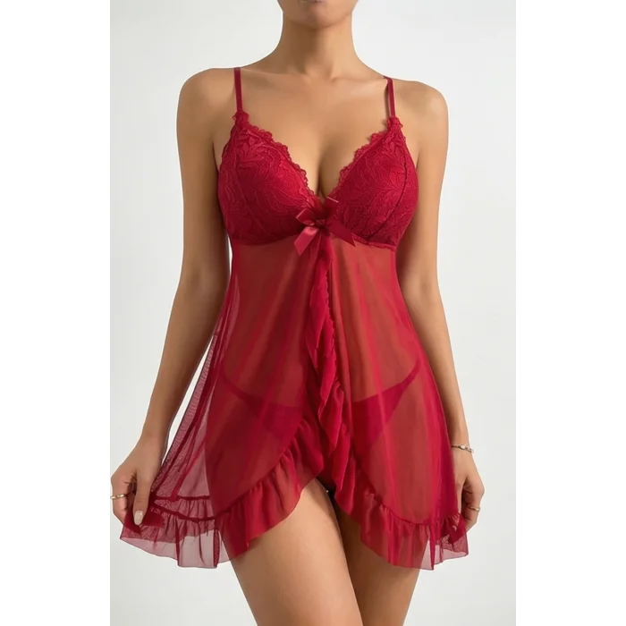 Kadın Bordo Dantelli, Fırfırlı Tül ve Fiyonk Detaylı Tangalı Gecelik Takımı