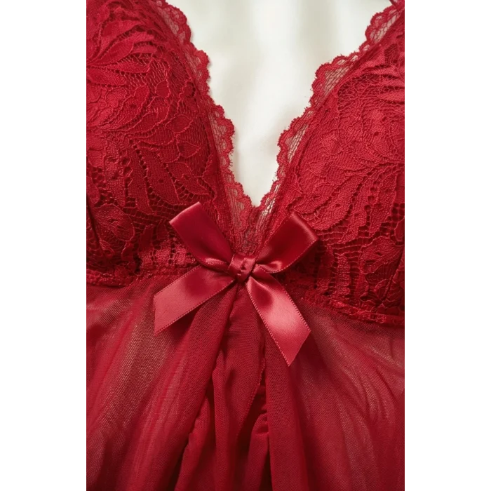 Kadın Bordo Dantelli, Fırfırlı Tül ve Fiyonk Detaylı Tangalı Gecelik Takımı