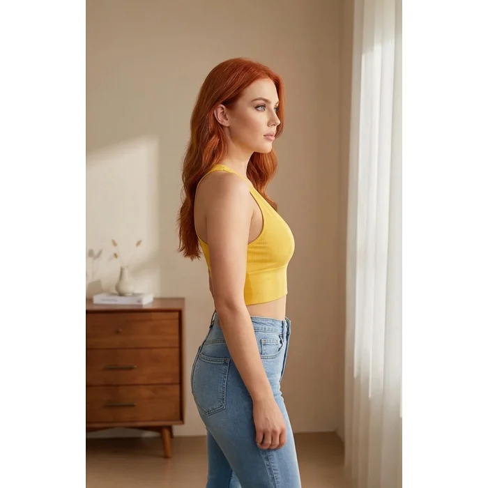 Kadın Sarı Çapraz Sırt Detaylı Şık Crop Top Büstiyer – Modern ve Şık Tasarım