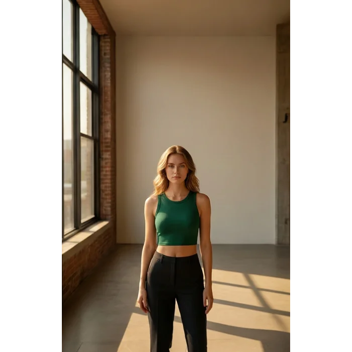 Kadın Yeşil Kare Yaka Crop Top Bluz – Şık, Rahat ve Kolay Kombinlenebilir