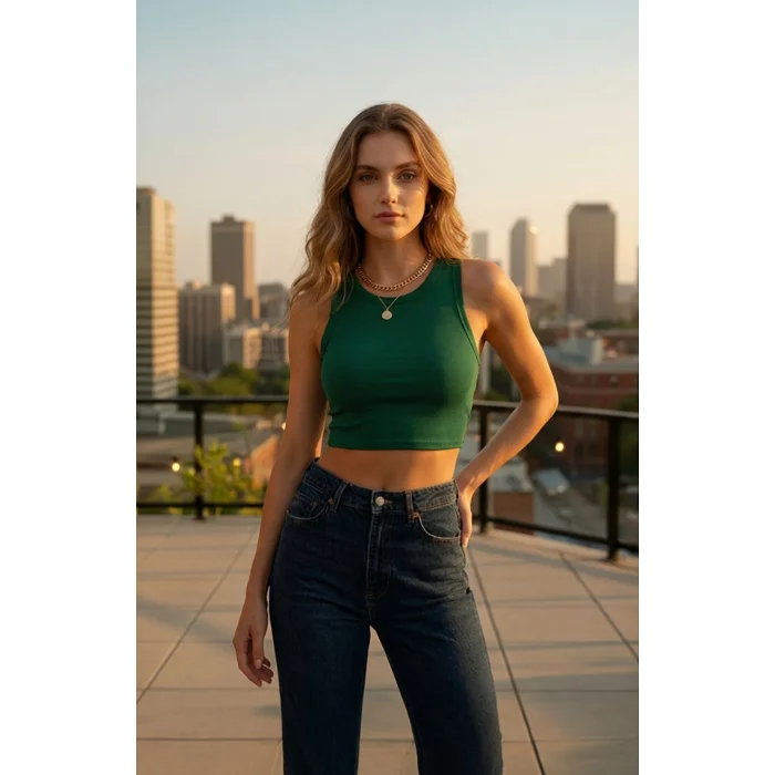Kadın Yeşil Kare Yaka Crop Top Bluz – Şık, Rahat ve Kolay Kombinlenebilir