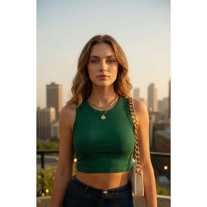 Kadın Yeşil Kare Yaka Crop Top Bluz – Şık, Rahat ve Kolay Kombinlenebilir