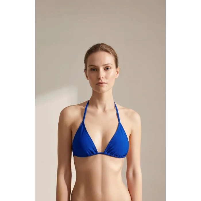 Kadın Leopar Desenli ve Mavi Minimal Kesim Üçgen Bikini Üstü – Modern ve Şık Tasarım