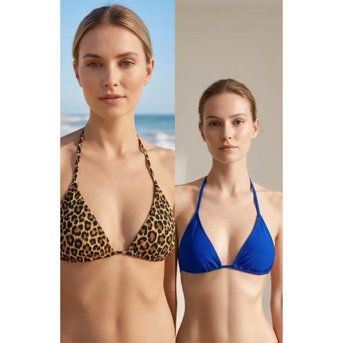 Kadın Leopar Desenli ve Mavi Minimal Kesim Üçgen Bikini Üstü – Modern ve Şık Tasarım