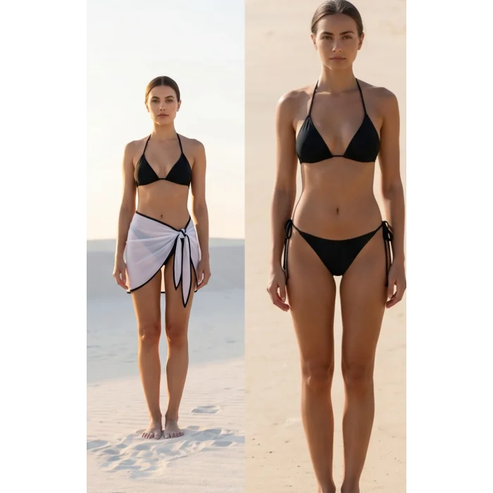 Kadın Siyah Beyaz Pareolu Yandan ve Boyundan Bağlamalı 3lü Bikini Takımı – Modern, Konforlu ve Günlük Kombinlere Uygun
