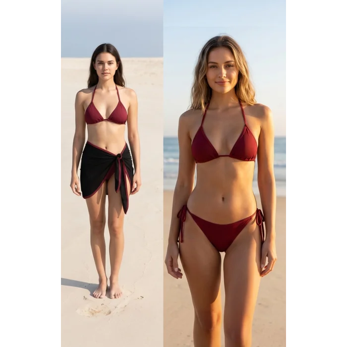Kadın Bordo Siyah Pareolu Yandan ve Boyundan Bağlamalı 3lü Bikini Takımı – Modern, Konforlu ve Günlük Kombinlere Uygun
