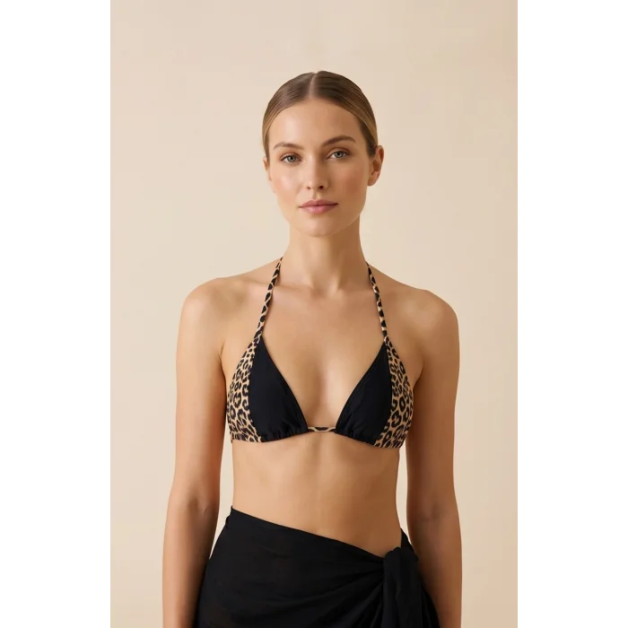 Kadın Leopar Desenli ve Bordo Minimal Kesim Üçgen Bikini Üstü – Modern ve Şık Tasarım