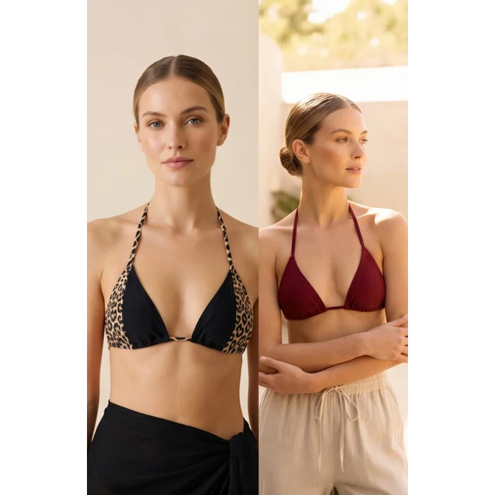 Kadın Leopar Desenli ve Bordo Minimal Kesim Üçgen Bikini Üstü – Modern ve Şık Tasarım