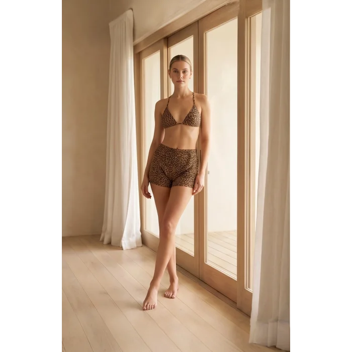 Kadın 3lü Set Leopar Desenli Şortlu ve Yandan Bağlamalı Bikini Mayo Takımı – Modern, Konforlu ve Günlük Kombinlere Uygun