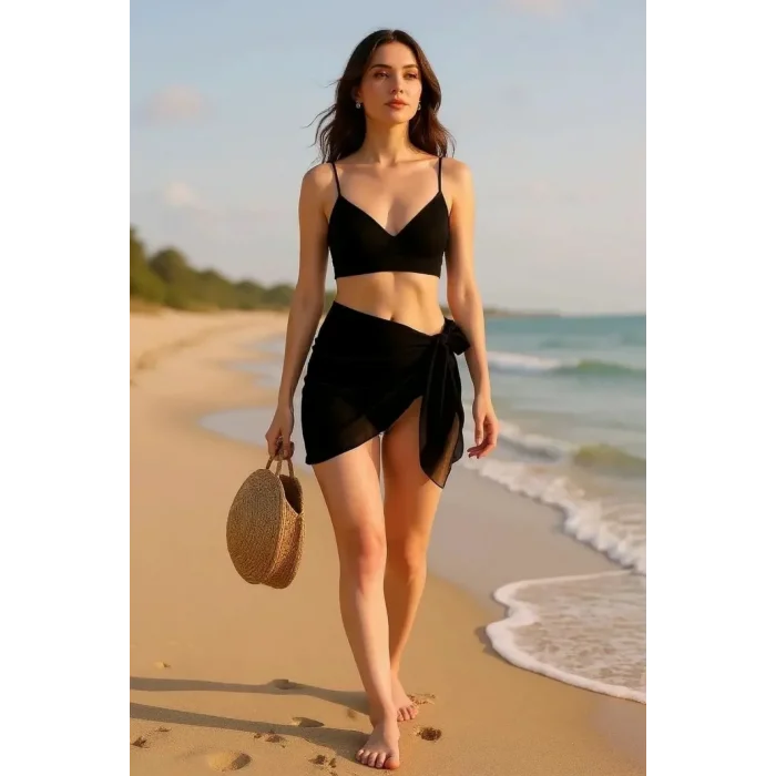 Kadın Siyah Beyaz Transparan Belden Bağlamalı Pareo 2li – Modern ve Şık Tasarım