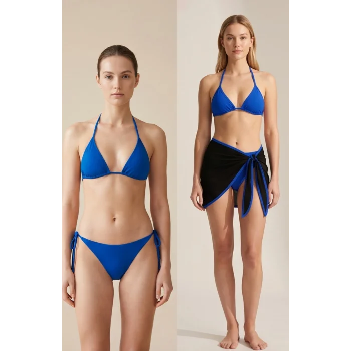 Kadın Mavi Pareolu Yandan ve Boyundan Bağlamalı 3lü Bikini Takımı – Modern, Konforlu ve Günlük Kombinlere Uygun