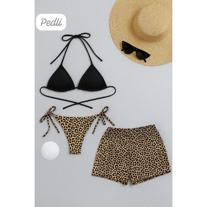 Kadın 3lü Set Siyah ve Leopar Desenli Şortlu Yandan Bağlamalı Bikini Mayo Takımı