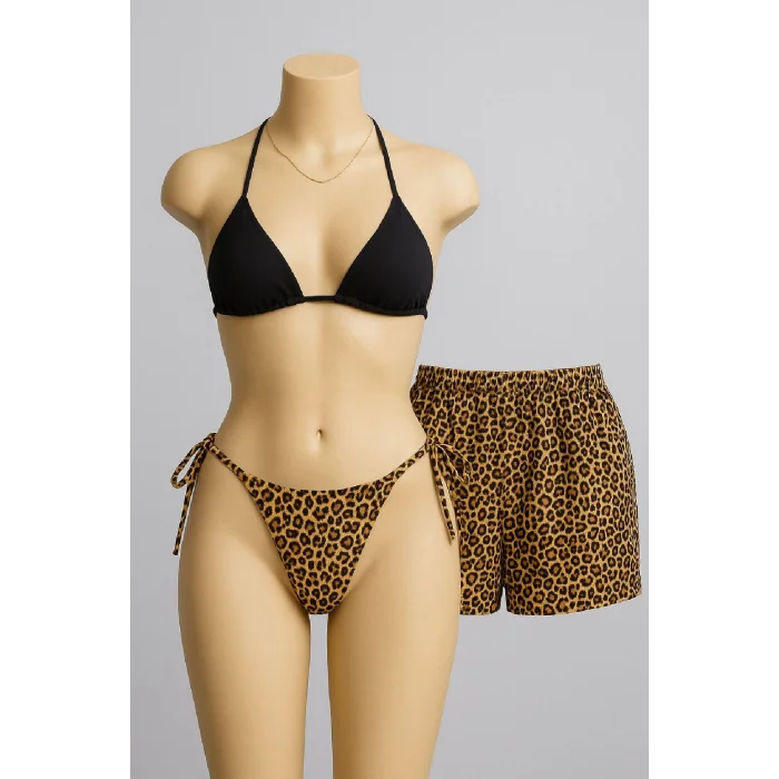 Kadın 3lü Set Siyah ve Leopar Desenli Şortlu Yandan Bağlamalı Bikini Mayo Takımı