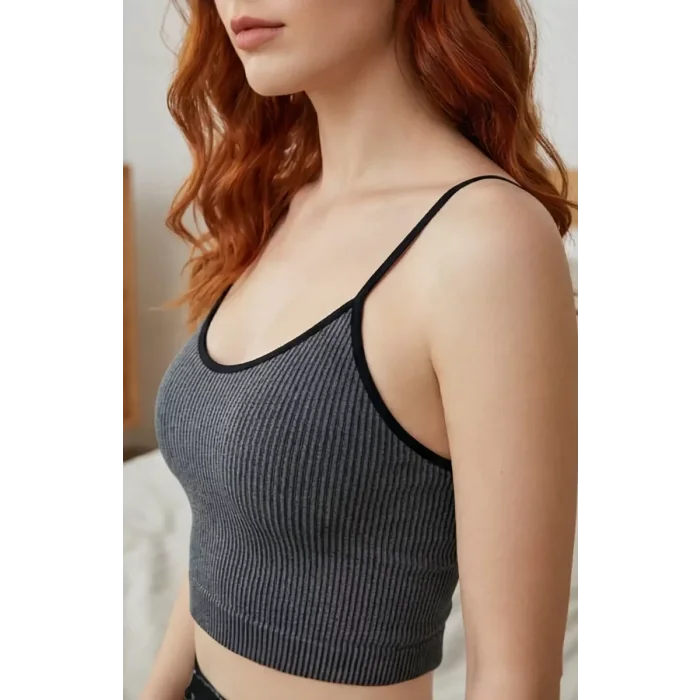Kadın Anstrasit Gri İp Askılı Crop Top Bluz