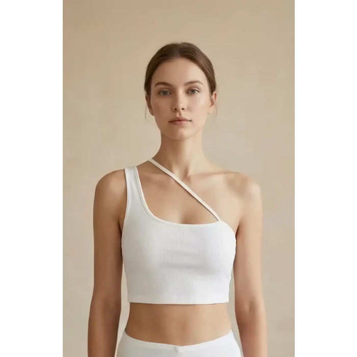 Kadın Beyaz Tek Omuzlu Çapraz Askılı Crop Top Büstiyer