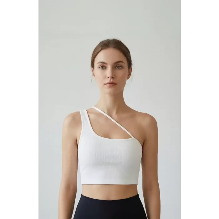 Kadın Beyaz Tek Omuzlu Çapraz Askılı Crop Top Büstiyer