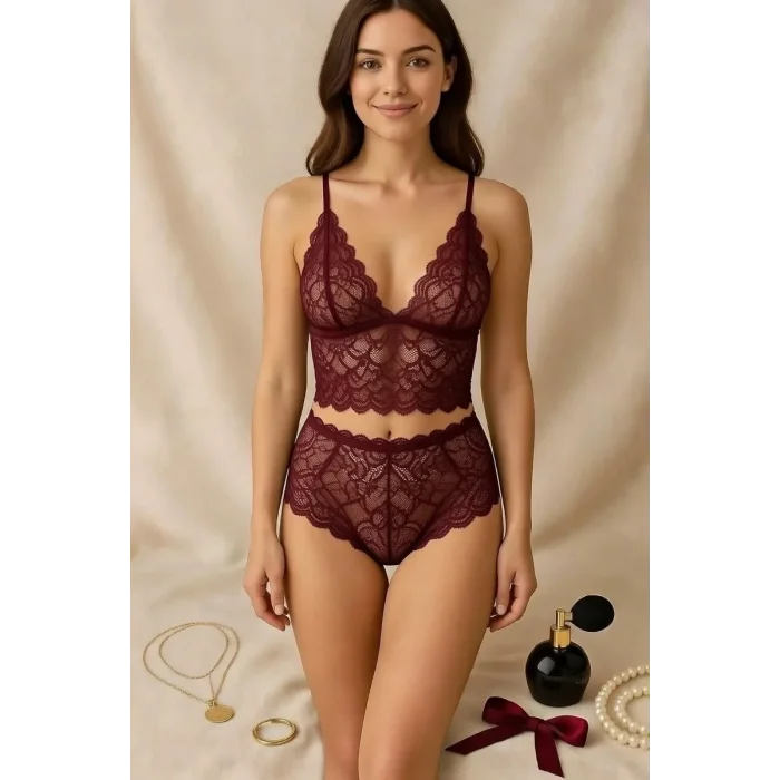 Kadın Bordo Dantel Bralet Şort Takımı – Asil ve Sofistike İç Giyim