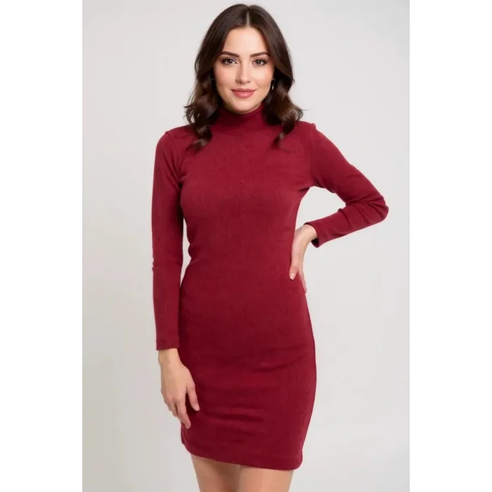 Kadın Bordo Kaşkorse Balıkçı Yaka Uzun Kollu Bodycon Mini Elbise – Şık, Rahat ve 4 Mevsim