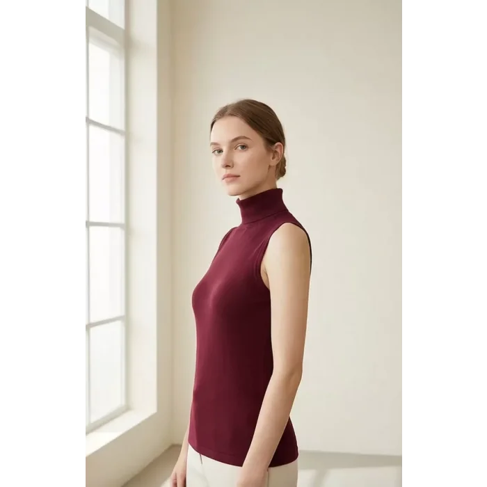 Kadın Bordo Kolsuz Balıkçı Yaka Basic Bluz