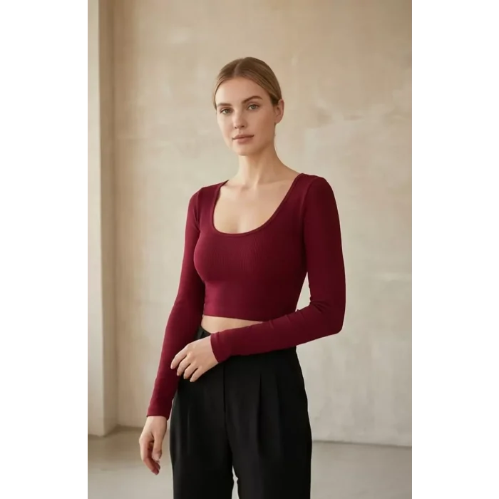 Kadın Bordo Uzun Kol Kare Yaka Crop Top Bluz