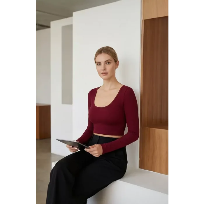 Kadın Bordo Uzun Kol Kare Yaka Crop Top Bluz