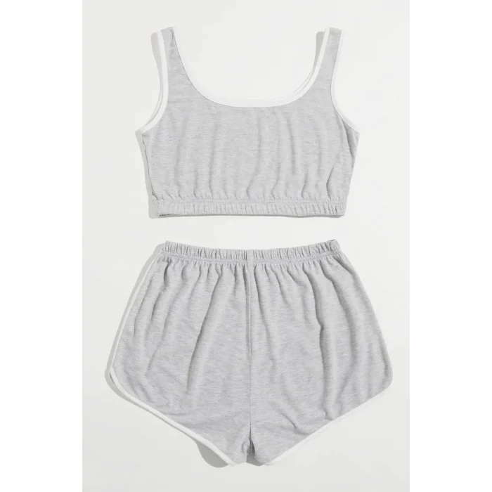 Kadın Gri Askılı Crop Top ve Şortlu Gecelik Takım