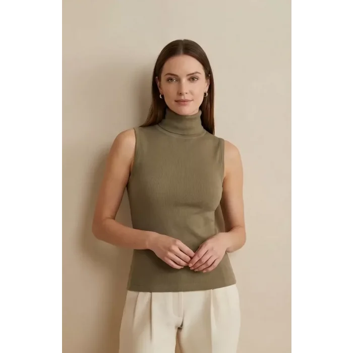 Kadın Haki Yeşili Kolsuz Balıkçı Yaka Basic Bluz