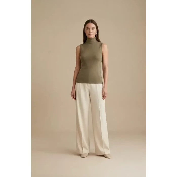 Kadın Haki Yeşili Kolsuz Balıkçı Yaka Basic Bluz