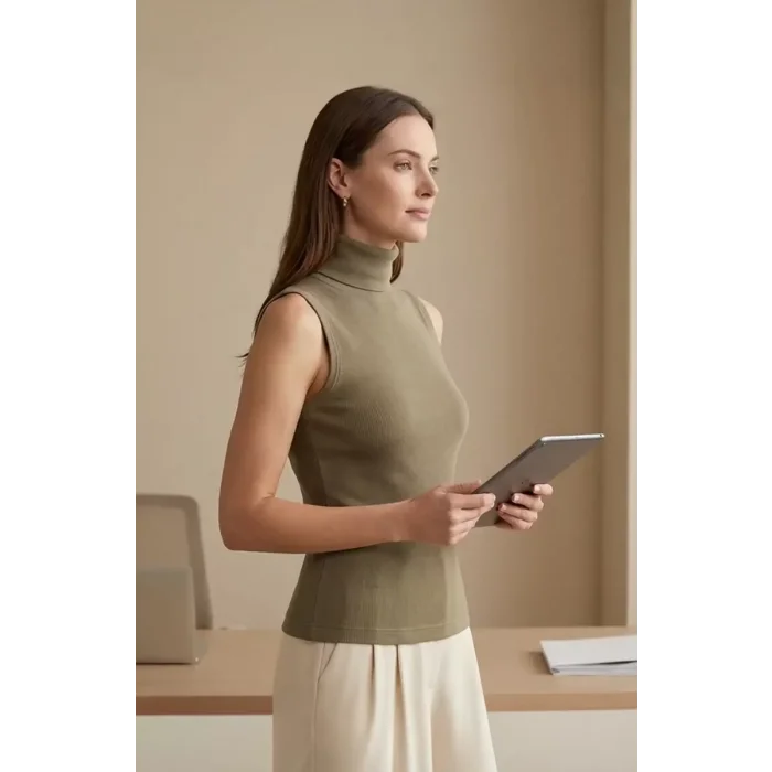 Kadın Haki Yeşili Kolsuz Balıkçı Yaka Basic Bluz