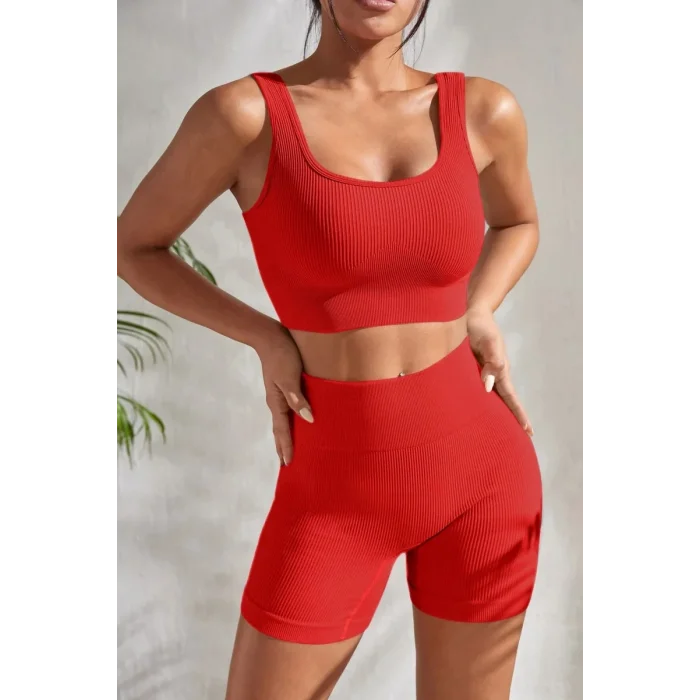 Kadın Kırmızı Şortlu Yüksek Bel Gecelik Takımı