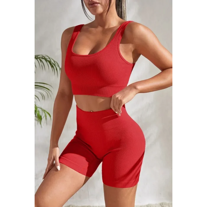 Kadın Kırmızı Şortlu Yüksek Bel Gecelik Takımı