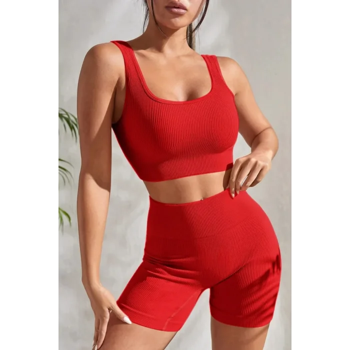 Kadın Kırmızı Şortlu Yüksek Bel Gecelik Takımı
