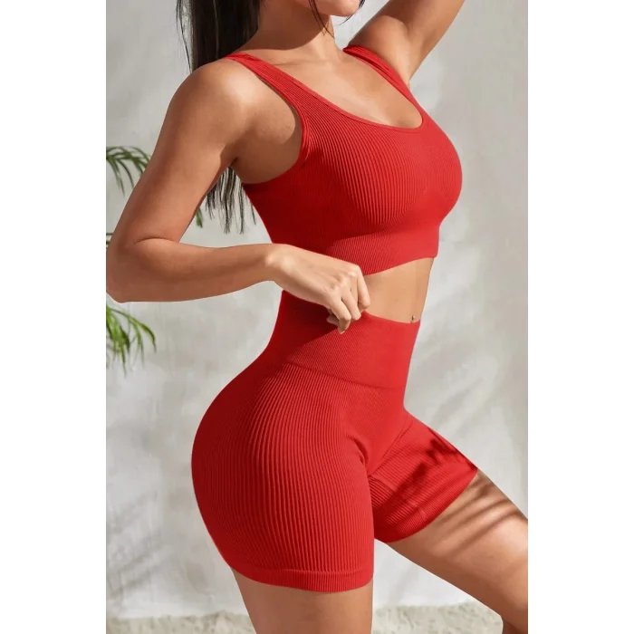 Kadın Kırmızı Şortlu Yüksek Bel Gecelik Takımı