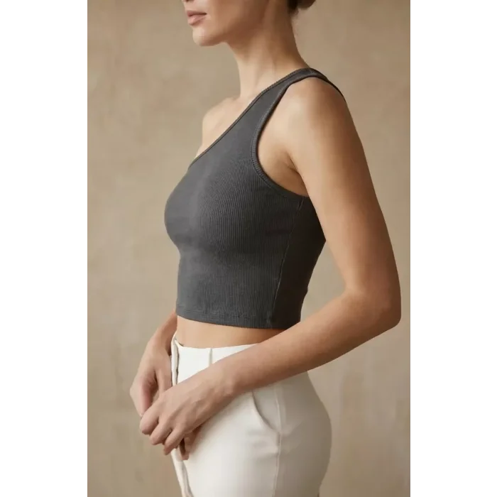 Kadın Koyu Gri Tek Omuz Crop Büstiyer – Modern ve Şık Tasarım