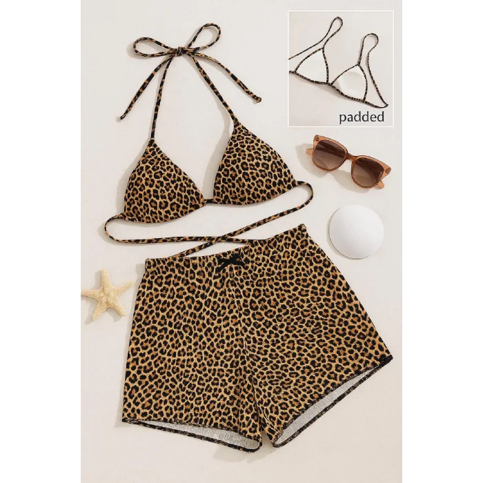 Kadın Leopar Desenli Şortlu Belden ve Boyundan Bağlamalı Bikini Takımı